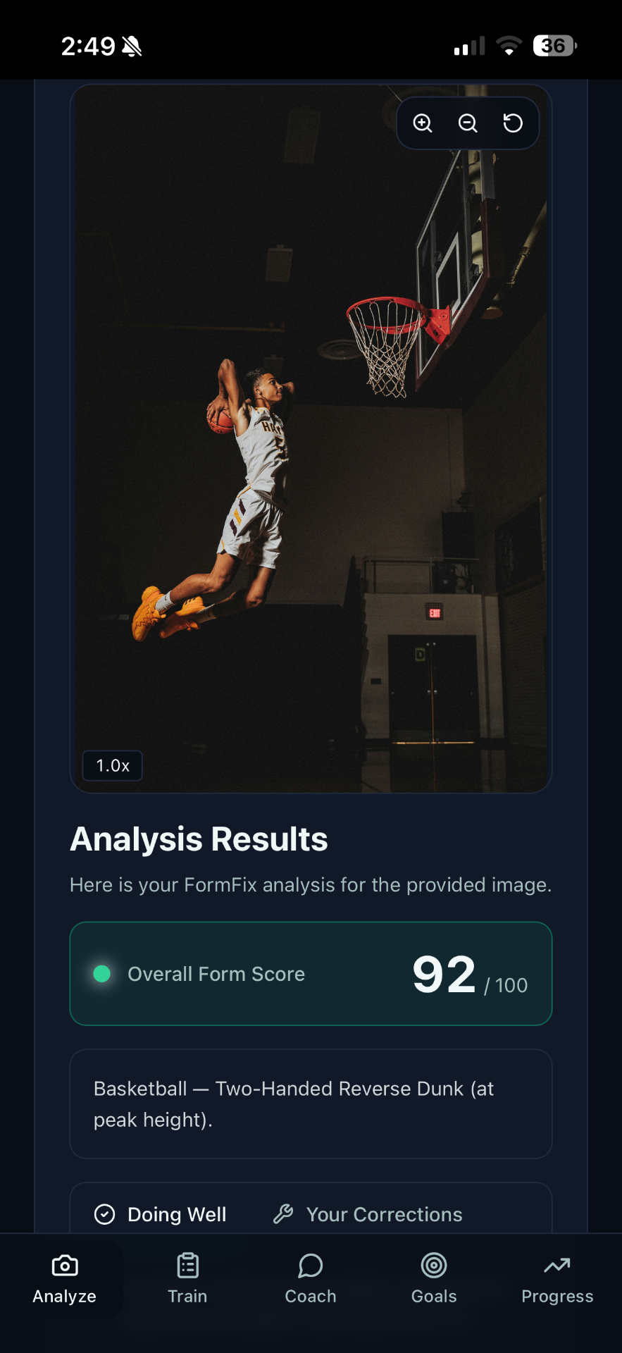 Formfix app analyzing a basketball dunk with a 92 form score